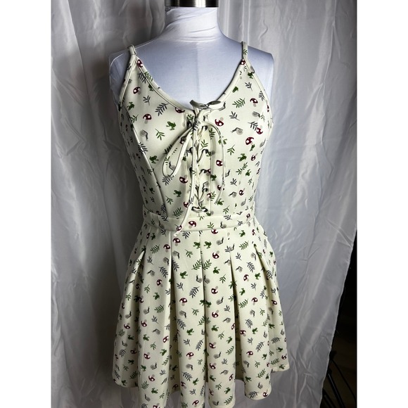 Hot Topic Dresses & Skirts - Hot Topic Frog Snail Mushroom Print Lace Up Mini Dress Ivory Green MD